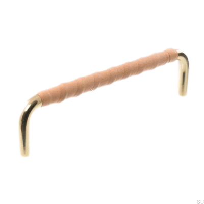 Oblong furniture handle LL 7353 128 Polished gold with natural leather
