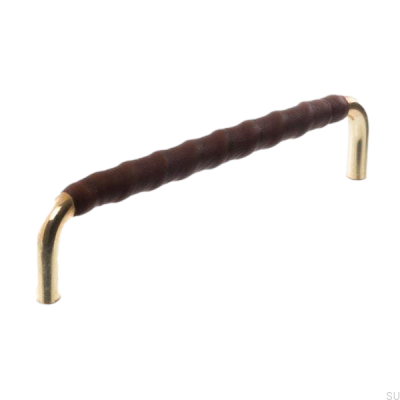 Oblong furniture handle LL 7353 128 Polished gold with dark brown leather