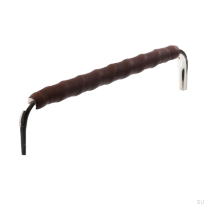 Oblong furniture handle LL 7353 128 Polished nickel with dark brown leather