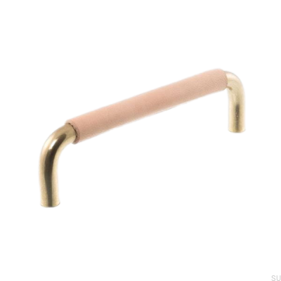 Oblong furniture handle LS 7353 96 Polished gold with natural leather