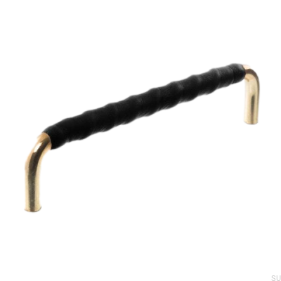Oblong furniture handle LL 7353 96 Polished gold with black leather