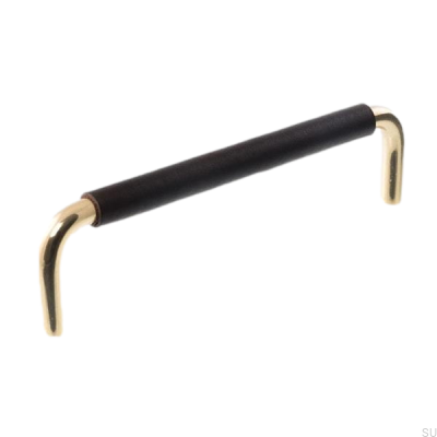 Oblong furniture handle LS 7353 96 Polished gold with black leather