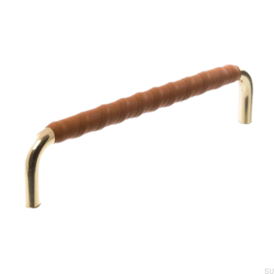 Oblong furniture handle LL 7353 96 Polished gold with brown leather