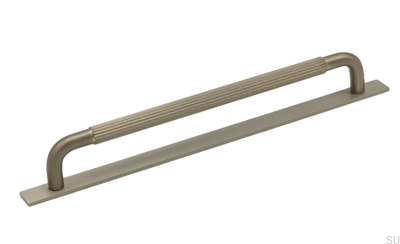 Elongated furniture handle with Helix Stripe 224 washer, Brushed Silver