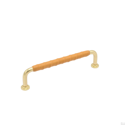 Elongated furniture handle 1353 128 Polished Brass Natural Leather