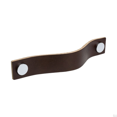 Elongated furniture handle Loop 128 Leather Brown with Chrome