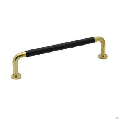 Elongated furniture handle 1353 128 Gold Brass Polished Black natural leather