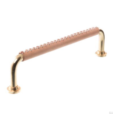 Elongated Furniture Handle 1353 128 Polished Brass with Leather