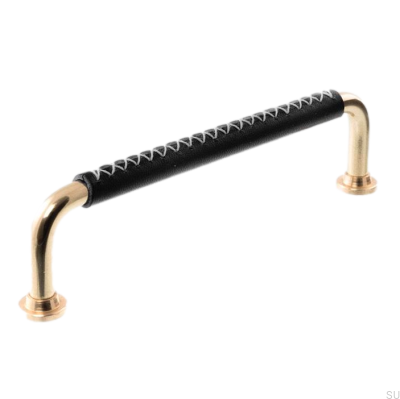 Oblong furniture handle LX 1353 128 Polished Brass with Black Leather