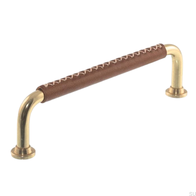 Oblong furniture handle 0131LX 1353 128 Polished Brass with Brown Leather
