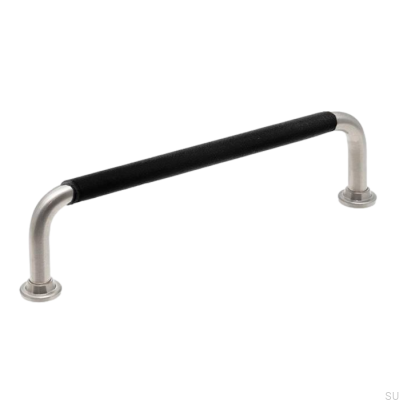 Oblong furniture handle LS 1353 128 Brushed Nickel with Black Leather