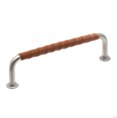 Oblong furniture handle LL 1353 128 Brushed Nickel with Brown Leather