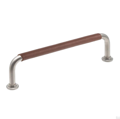 Oblong furniture handle LS 1353 128 Brushed Nickel with Brown Leather