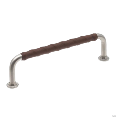 Oblong furniture handle LL 1353 128 Brushed Nickel with Dark Brown Leather