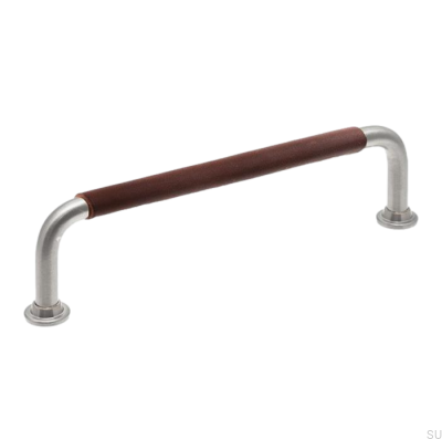 Oblong furniture handle LS 1353 128 Brushed Nickel with Dark Brown Leather