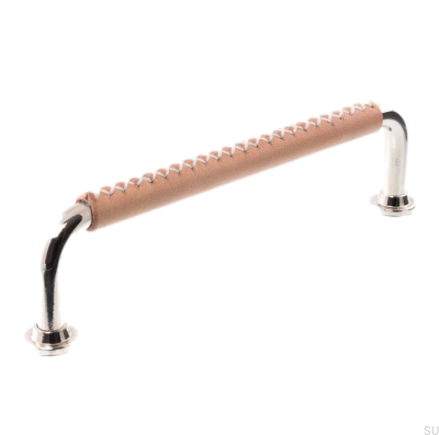 Elongated furniture handle 1353 128 Polished Nickel with Leather