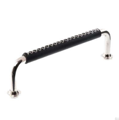 Oblong furniture handle LX 1353 128 Polished Nickel with Black Leather