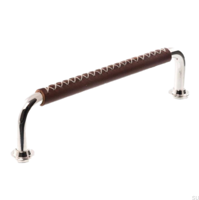 Oblong furniture handle 1132LX 1353 128 Polished Nickel with Brown Leather