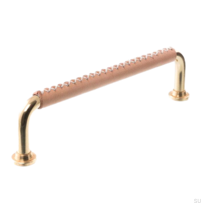 Elongated Furniture Handle 1353 96 Polished Brass with Leather