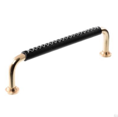 Oblong furniture handle LX 1353 96 Polished Brass with Black Leather