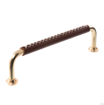 Oblong furniture handle LX 1353 96 Polished Brass with Dark Brown Leather