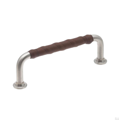 Elongated furniture handle 1353 96 Brushed Nickel with Brown Leather