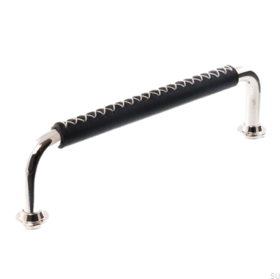 Oblong furniture handle LX 1353 96 Polished Nickel with Black Leather