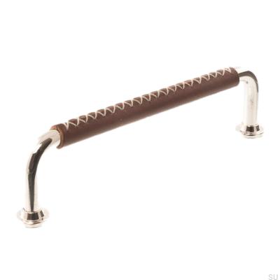 Oblong furniture handle LX 1353 96 Polished Nickel with Brown Leather