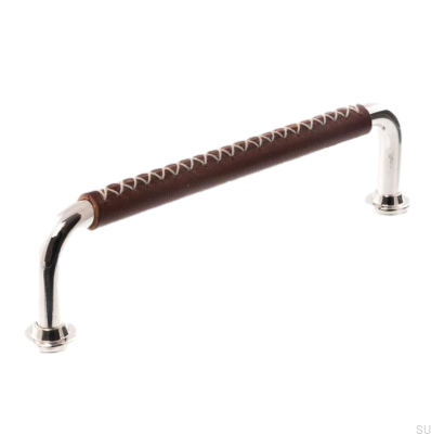 Oblong furniture handle LX 1353 96 Polished Nickel with Dark Brown Leather
