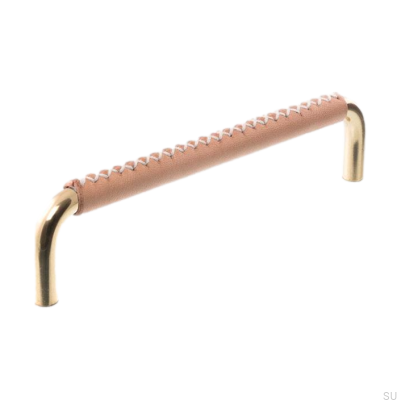 Elongated Furniture Handle 7353 128 Polished Brass with Leather