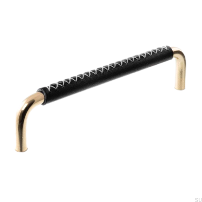 Elongated Furniture Handle 7353 128 Polished Brass with Black Leather