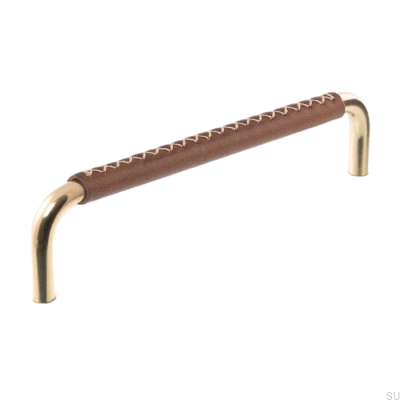 Elongated Furniture Handle 7353 128 Polished Brass with Brown Leather