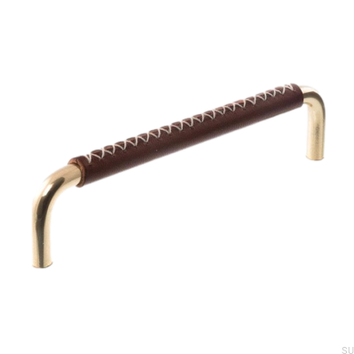 Oblong furniture handle 7353 128 Polished Brass with Dark Brown Leather