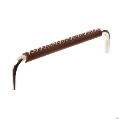 Oblong furniture handle LX 7353 128 Polished Nickel with Brown Leather