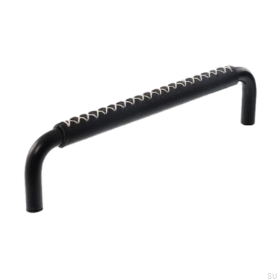 Elongated furniture handle 7353 128 Matte Black with Black Leather