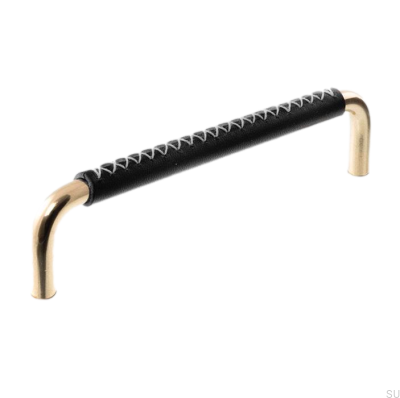 Elongated Furniture Handle 7353 96 Polished Brass with Black Leather