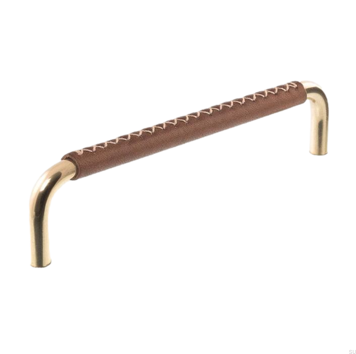 Uchwyt meblowy podłużny 7353 96 Mosiężny Polerowany z Brązową Skórą koniak.png