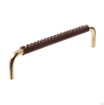Oblong furniture handle 7353 96 Polished Brass with Dark Brown Leather
