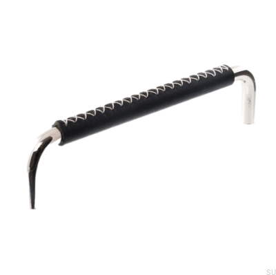 Oblong furniture handle LX 7353 96 Polished Nickel with Black Leather