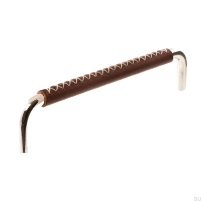 Oblong furniture handle LX 7353 96 Polished Nickel with Brown Leather