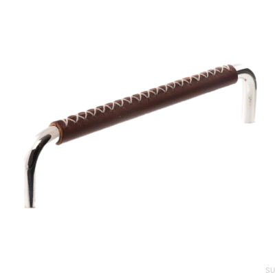 Oblong furniture handle LX 7353 96 Polished Nickel with Dark Brown Leather