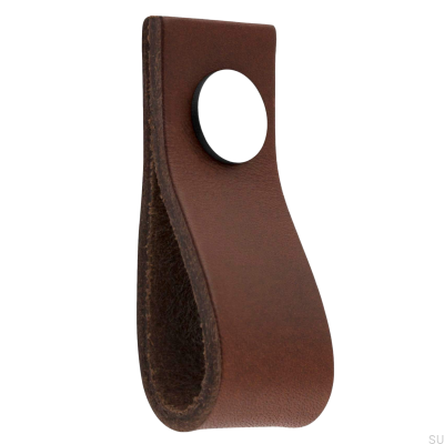 Loop Ari Brown Leather Furniture Knob with Polished Chrome