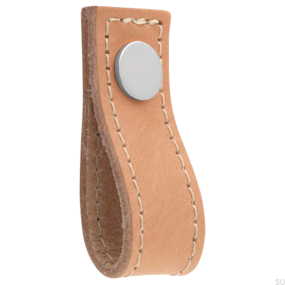 Loop Avio Light Brown Leather Furniture Knob with Polished Chrome