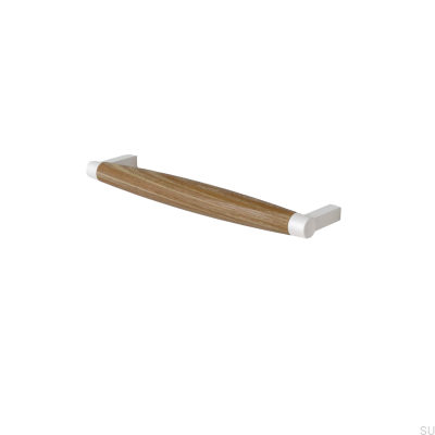 Hjo 192 oblong furniture handle, Matt White Metal with Oak Wood