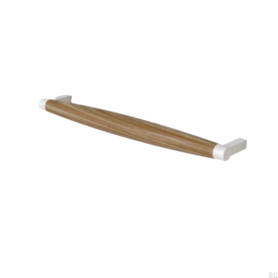 Hjo 256 oblong furniture handle, Matt White Metal with Oak Wood