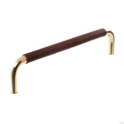 Oblong furniture handle LS 7353 96 Polished gold with dark brown leather