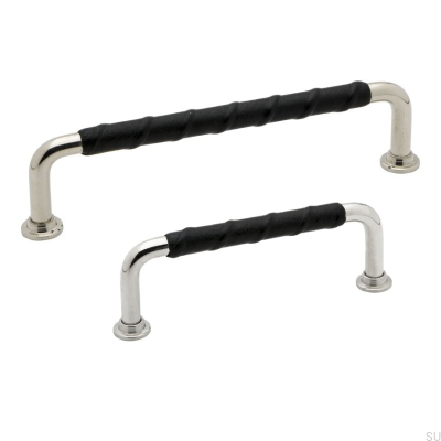 Elongated furniture handle 1353 128 Silver Nickel Polished Black natural leather