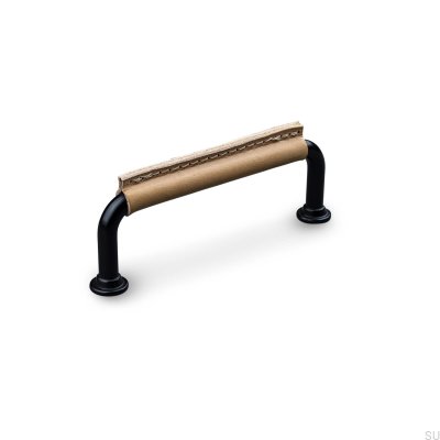 Burano Stitched 96 oblong furniture handle Metal Black with Light Brown Leather