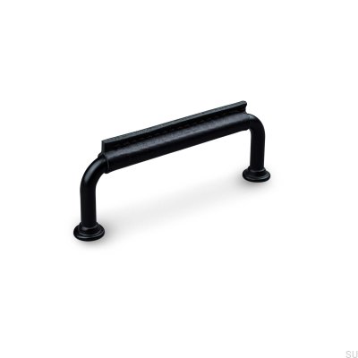 Burano Stitched 96 oblong furniture handle, black metal with black leather