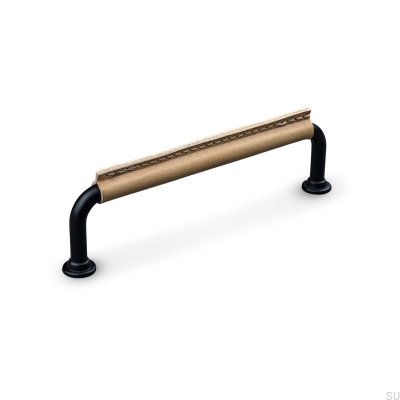 Burano Stitched 128 oblong furniture handle Metal Black with Light Brown Leather